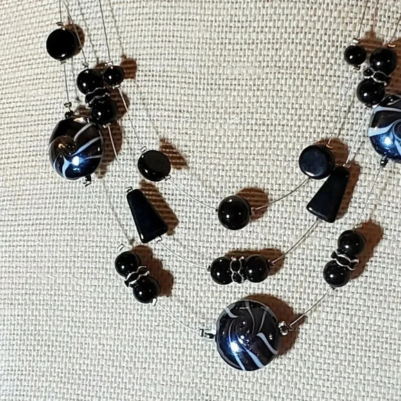 Art Deco Black Jet AB Czech Glass Baubles Multi Strand Necklace Earrings Set - Picture 7 of 8